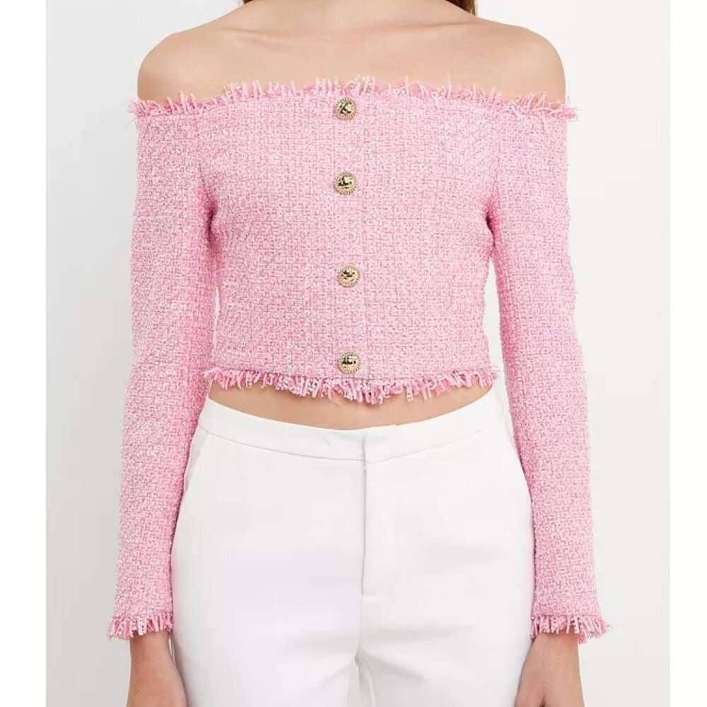 Endless Rose Off The Shoulder Tweed Pink Long Sleeve Cropped Shirt Button Large
